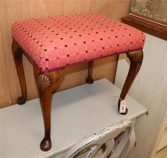 A Queen Anne style walnut dressing stool W.52cm